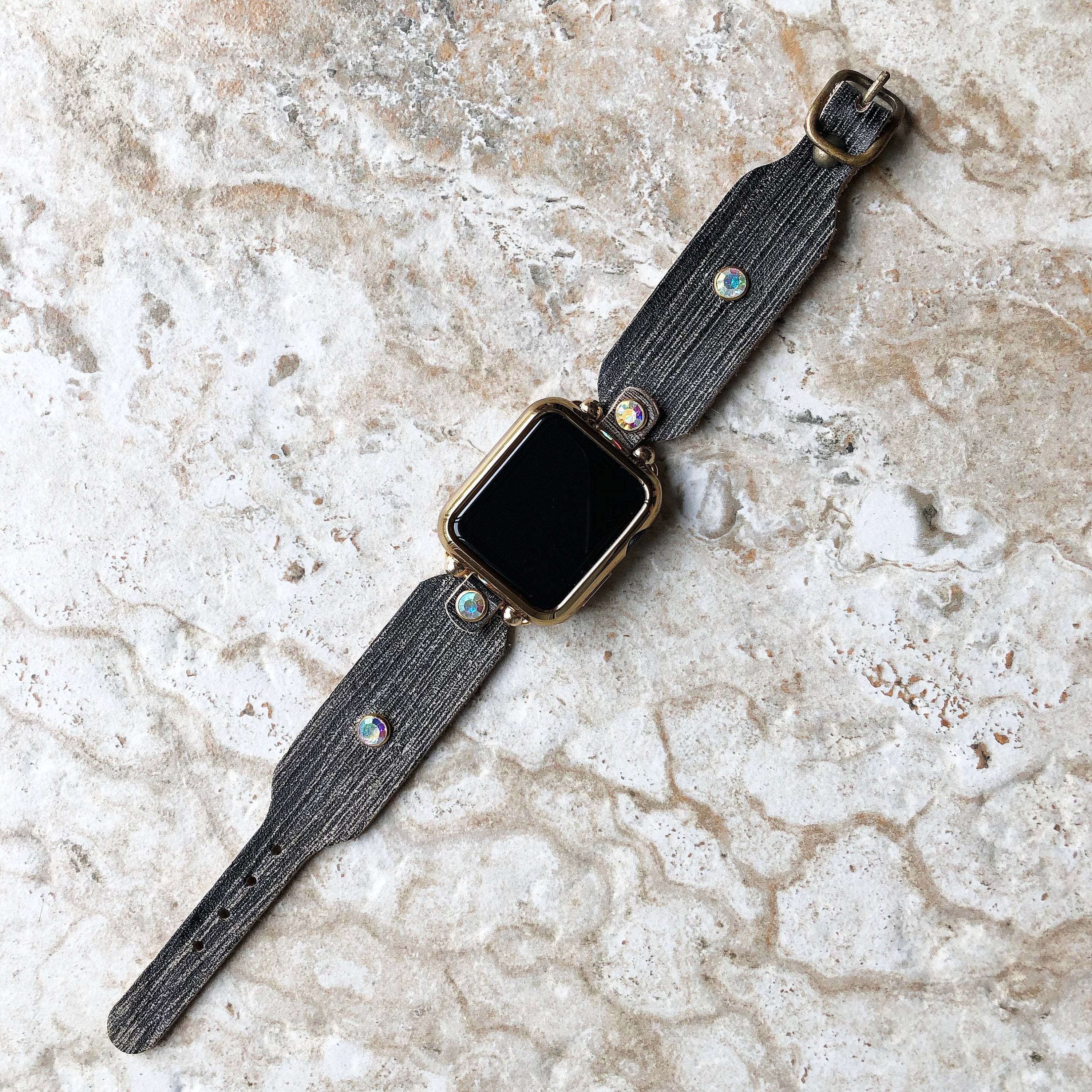 Apple New Modern Handmade Black and Burnished Gold Leather Bracelet iWatch All Series Band for 38mm 40mm 41mm 42mm 44mm 45mm 49mm Case